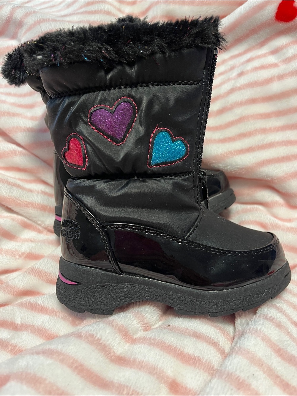 totes Kids Black Winter Boots with Pink, Purple & Blue Heart Accents